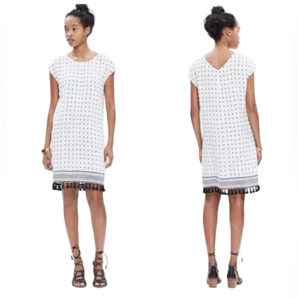 Madewell Scatterblock Tassel Shift Dress Bright Ivory & Black Print Sz L